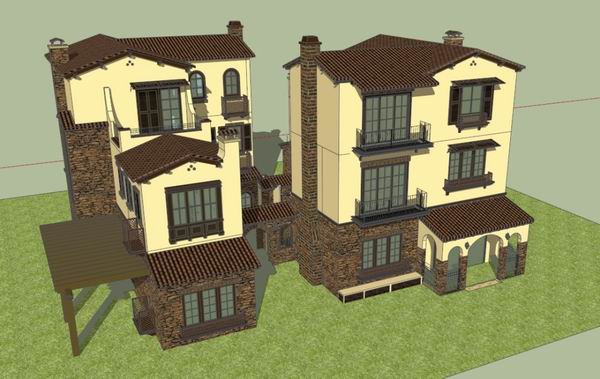 Sketchup别墅模型|双拼别墅，古典风格