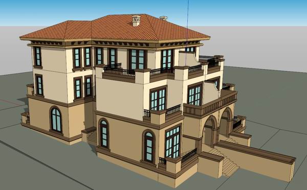 Sketchup别墅模型|双拼别墅，古典风格