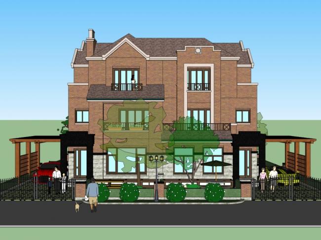 Sketchup别墅模型|双拼别墅，古典风格