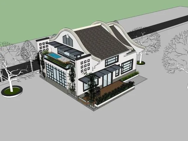 Sketchup别墅模型|独栋别墅，现代中式风格