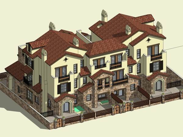 Sketchup别墅模型|双拼别墅，花园洋房，古典风格
