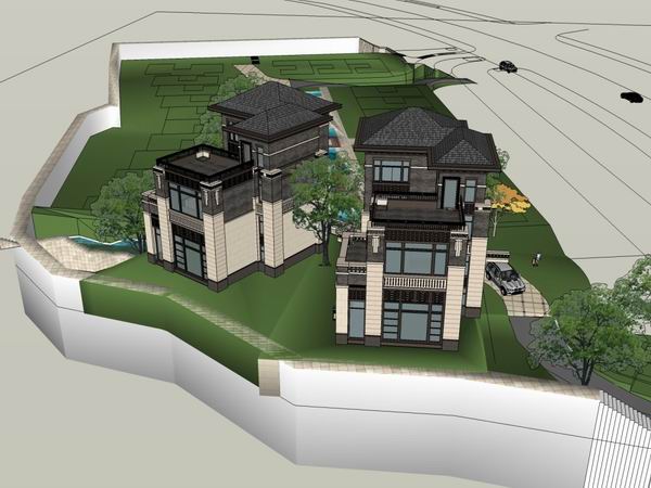 Sketchup别墅模型|双拼别墅，古典风格