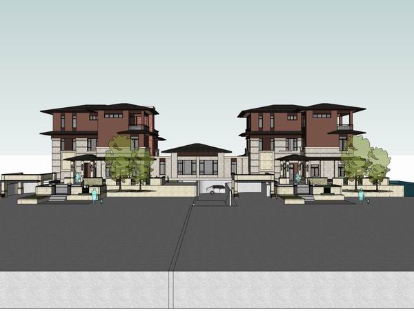 Sketchup别墅模型|双拼别墅，现代中式风格