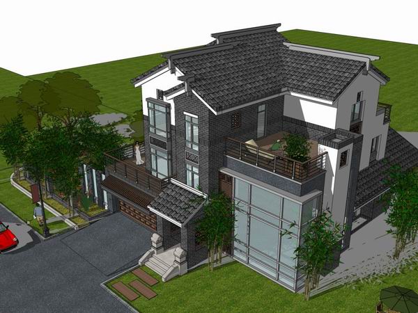 Sketchup别墅模型|徽派别墅，古典风格