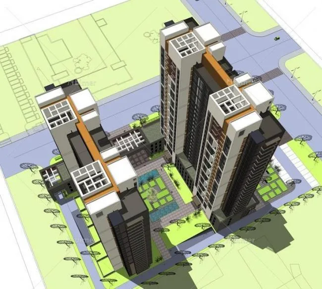Sketchup住宅模型|高层住宅，底层商业，现代风格，商住楼，居住建筑
