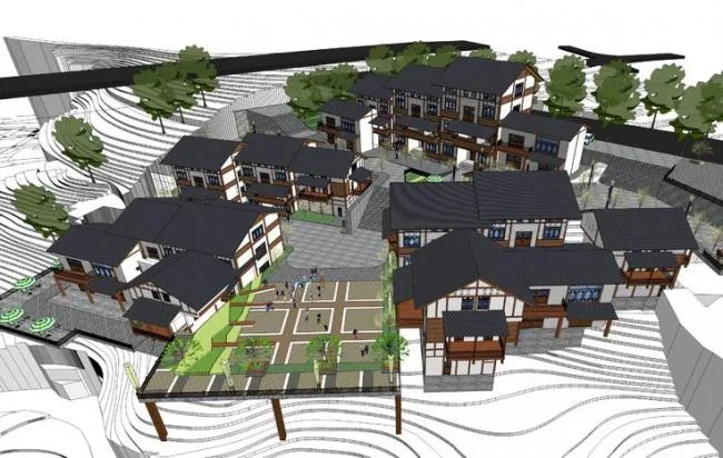 Sketchup酒店模型|民族风吊脚楼，酒店建筑群，商业建筑，山地，新中式风格
