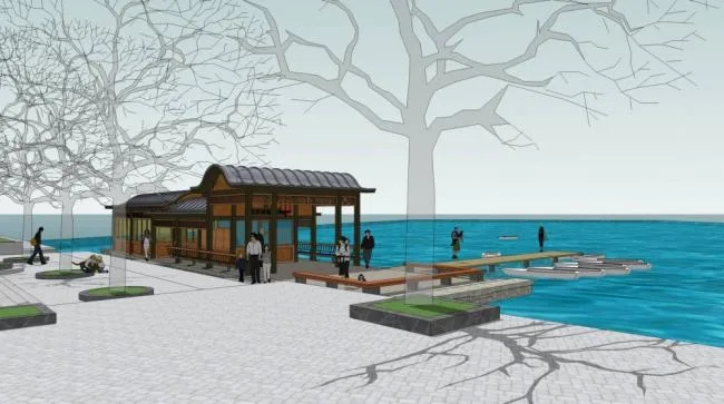 Sketchup景观模型|乡镇旅游区，游船码头，景观，亭子，单层，中式，茶馆