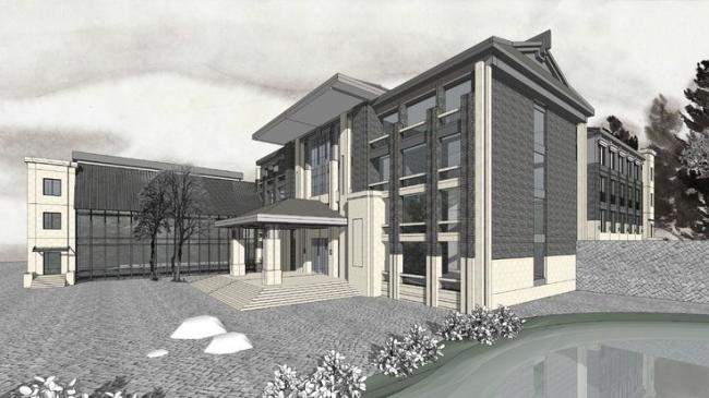 Sketchup办公模型|多层办公建筑，商业建筑，中式风格，景观设计，水景