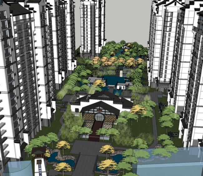 Sketchup住宅模型|高层住宅，小区，景观，新中式风格，汉唐风，居住建筑