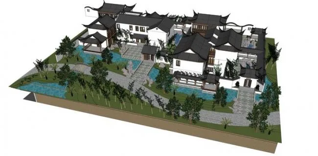 Sketchup古建筑模型|住宅设计，院落，中式风格，苏州园林，景观设计，水景，古建