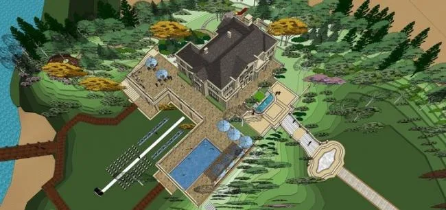 Sketchup商业模型|多层售楼处，商业建筑，法式风格，山地，景观设计