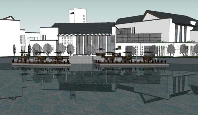 Sketchup商业模型|售楼处，多层会所，徽派建筑，新中式风格，商业建筑，滨水景观