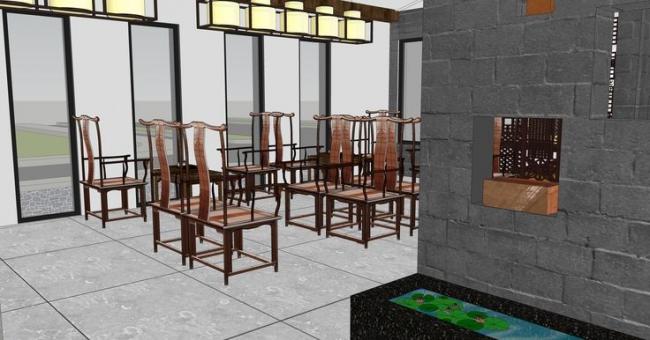 Sketchup商业模型|餐厅，商业建筑，中式徽派风格，院落，庭院景观