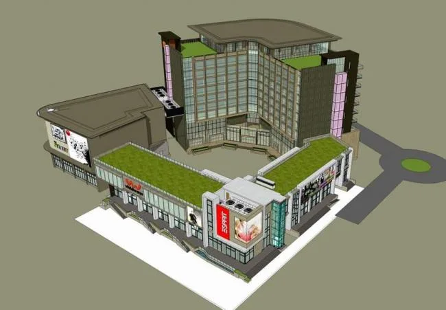 Sketchup酒店模型|L型酒店，商业裙房， 沿街商业，现代风格