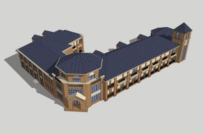 Sketchup学校模型|多层幼儿园，坡屋顶，欧式，古典风格，教育建筑