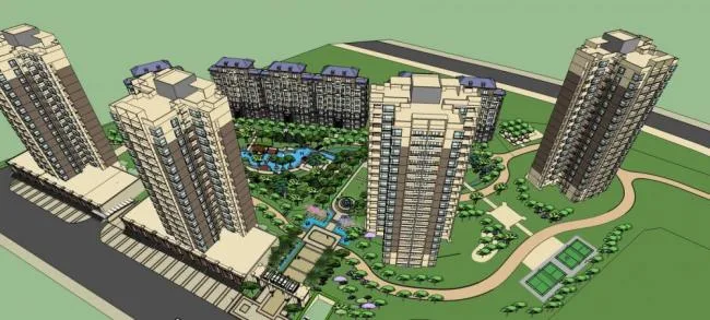 Sketchup住宅模型|高层住宅小区，入口景观，亭子，居住建筑，现代风格