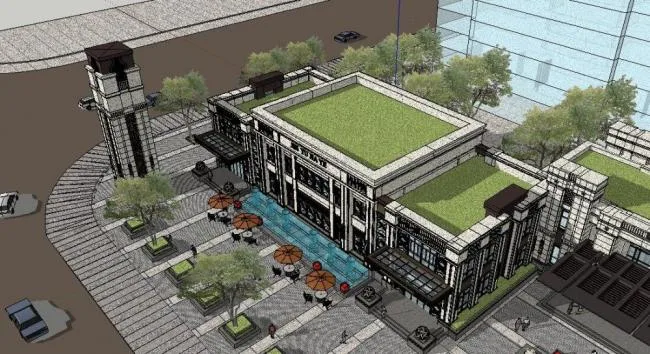 Sketchup商业模型|多层商业建筑，新古典风格