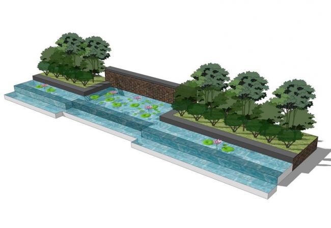 Sketchup景观模型|入口水景，现代风格，水池，水景，景观