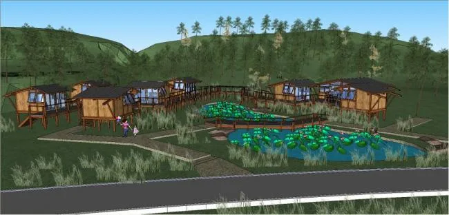 Sketchup景观模型|吊脚楼，中式风格，庭院花园