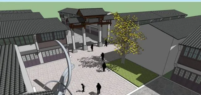 Sketchup商业模型|多层商业街，牌坊，中式风格，商业建筑
