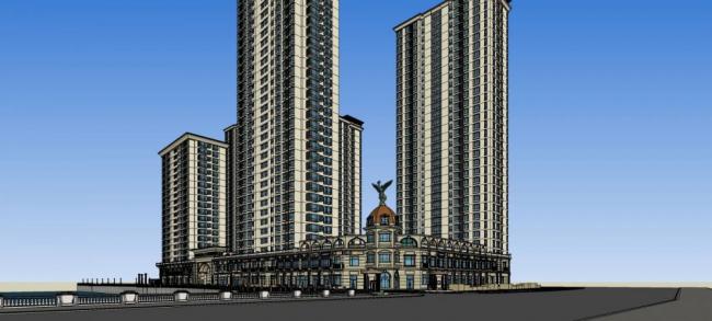 Sketchup住宅模型|高层住宅小区，入口，景观亭子，居住建筑，多层商场，商业裙房，底层商业，欧式，古典风格