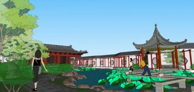 Sketchup景观模型|中式园林，景观，亭子，公园，水坝，多层