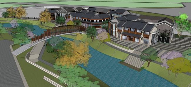 Sketchup商业模型|多层商业建筑，古镇，公园景观，桥，水坝，中式风格