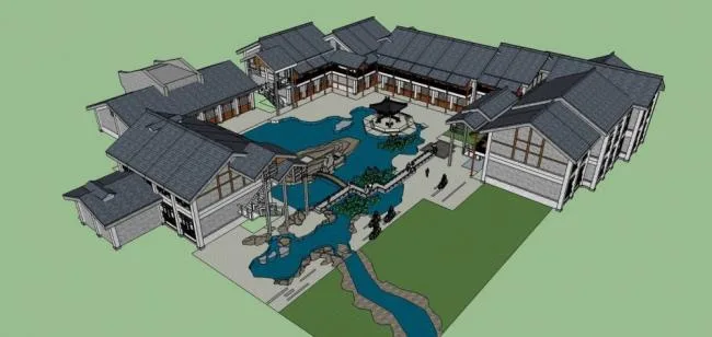 Sketchup商业模型|商业建筑，徽派，多层商业楼，景观，亭子