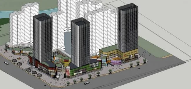 Sketchup综合体模型|高层商业综合体，酒店办公，商业裙房，现代风格