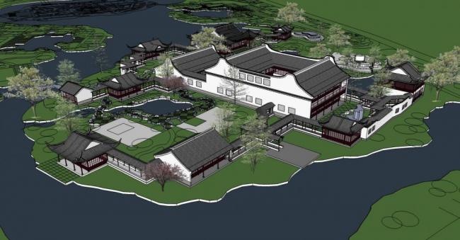 Sketchup住宅模型|园林建筑，中式风格，景观，亭子，多层阁楼