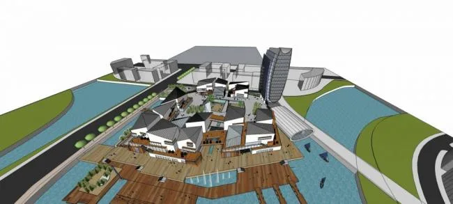 Sketchup商业模型|高层酒店办公，商场，多层商业裙房，现代风格，综合商业街