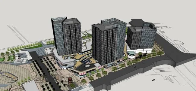 Sketchup综合体模型|高层商业综合体，现代风格，办公酒店，商业裙房