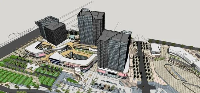 Sketchup综合体模型|高层商业综合体，现代风格，办公酒店，商业裙房