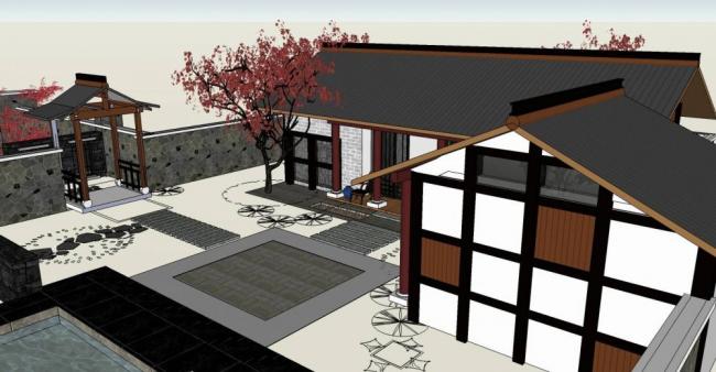 Sketchup住宅模型|别院，单层，景墙，居住建筑，中式风格