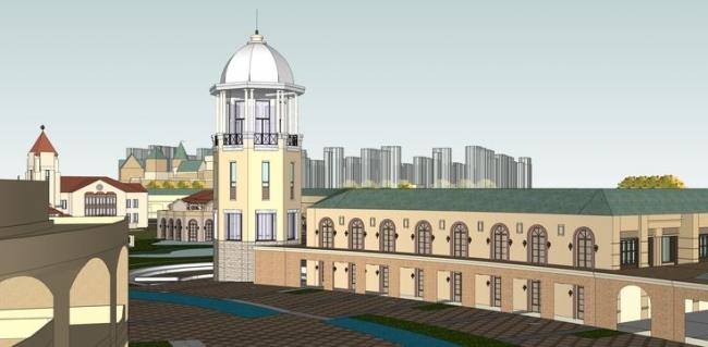 Sketchup商业模型|商业广场，多层步行街，欧式风格，古典风格