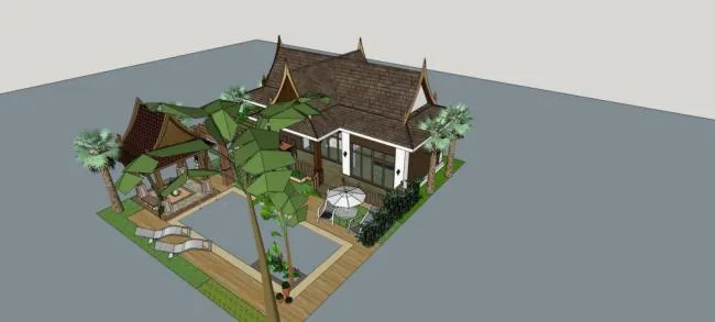 Sketchup酒店模型|度假别墅，独栋别墅，单层，景观，亭子，泰式风格