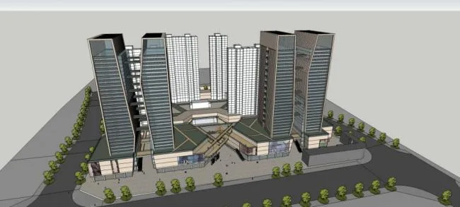 Sketchup综合体模型|高层商业综合体，双塔概念方案，现代风格，酒店办公，商业裙房