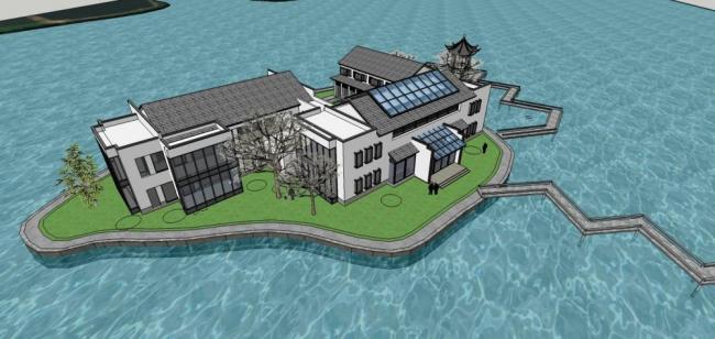 Sketchup商业模型|多层湖心会所，中式风格，滨水景观，亭子，商业建筑