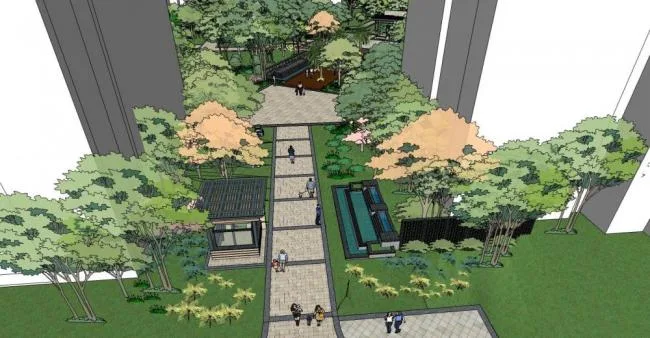 Sketchup景观模型|住宅小区景观，现代风格，入口，门卫室
