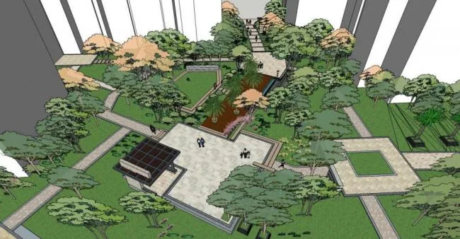 Sketchup景观模型|住宅小区景观，现代风格，入口，门卫室