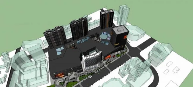Sketchup综合体模型|巴陵·尚城商业综合体，高层酒店办公，多层商业裙房，现代风格
