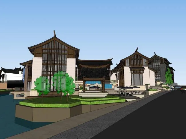 Sketchup酒店模型|多层度假小镇，酒店，中式风格