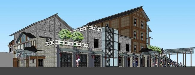 Sketchup商业模型|阳明古街，多层商业街，中式风格
