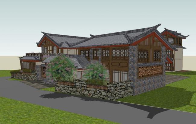Sketchup酒店模型|多层住宅，中式风格，旅馆酒店，束河古镇仿古屋