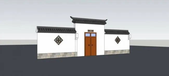 Sketchup素材模型|庭院大门，围墙，中式风格，素材