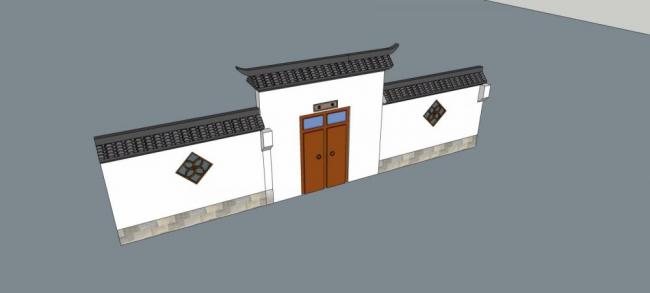 Sketchup素材模型|庭院大门，围墙，中式风格，素材
