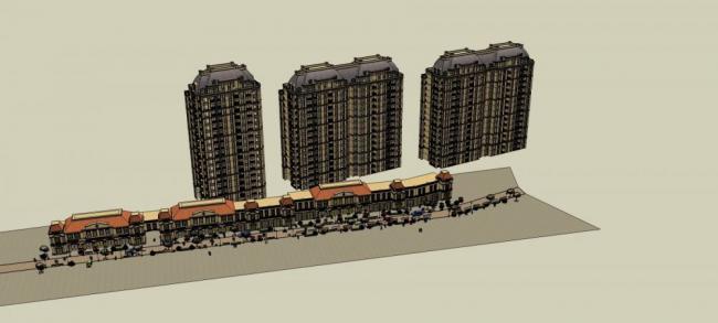 Sketchup商业模型|法式商业街，高层住宅楼，古典风格