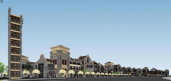 Sketchup商业模型|民国风，滨河商业，中式风格