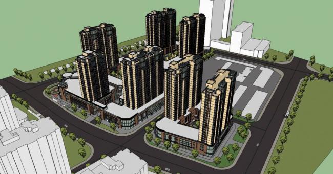 Sketchup住宅模型|高层住宅小区，商业裙房，底层商业，现代风格，居住建筑