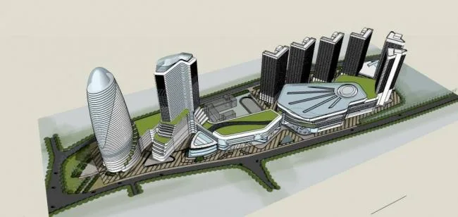 Sketchup综合体模型|超高层综合体规划，办公，酒店，商业金融区，现代风格